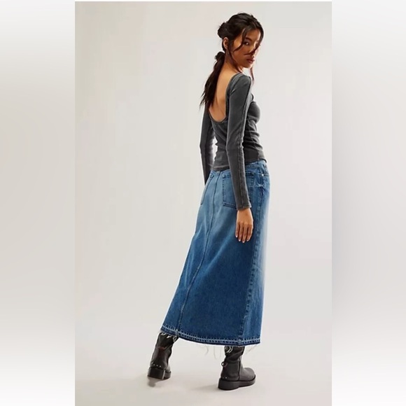 Free People Frame The Midaxi Skirt Angle Front Slit Frayed Hem Blue - Picture 2 of 4